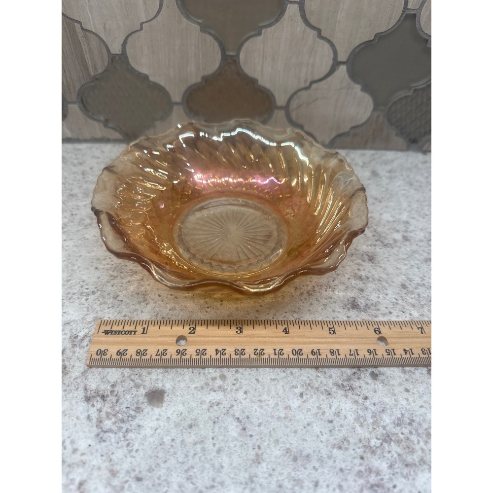 Vintage Marigold Carnival Glass Ruffled Swirl Bowl Iridescent 6 Inch Candy‎ Dish